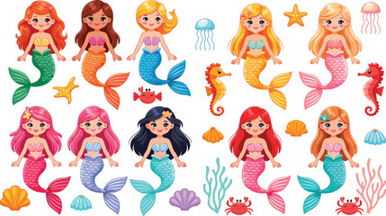 Mermaid characters flat vector illustration set. Ten beautiful diverse little mermaids swim alongside seahorses, crabs, jellyfish, starfish, sea shells and colorful marine corals. © IVY QUEEN