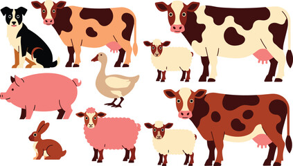 Farm animals flat vector illustration kit. Spotted cows, pink pigs, fluffy sheep, farm dog, goose and rabbit gather in a countryside livestock bundle. © IVY QUEEN