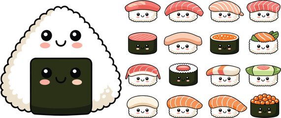Onigiri character flat vector illustration kit. One giant smiling rice ball stands next to sixteen tiny cute cartoon nigiri and maki rolls to form a happy japanese cuisine pack. © IVY QUEEN
