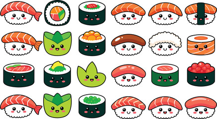 Sushi characters flat vector illustration set. Twenty-four smiling cartoon maki rolls, nigiri salmon pieces, gunkan maki, wasabi dollops and caviar pieces form a happy japanese food bundle. © IVY QUEEN