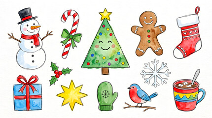 Fototapeta premium Christmas icons, holiday symbols, winter clipart, festive elements