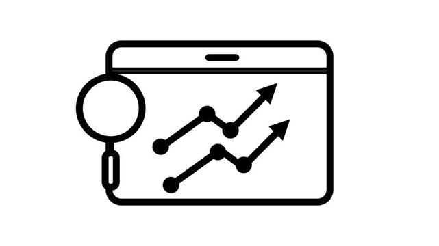 Website Analytical Dashboard and Search Tracking Animated Icon. Animated line icon showcasing browser screen window with line graph trends and search loupe, representing interactive market SEO.