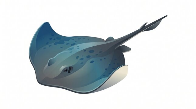 Smooth cartoon stingray with blue-gray wings and darker spots. Long thin tail with a small fin and pale underside.