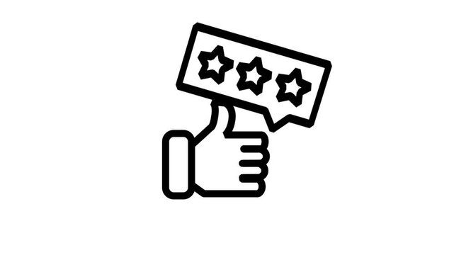 Thumbs Up Feedback Rating and Service Testimonial Animated Icon. High quality animated line icon displaying thumbs up gesture with three star bubble, representing client satisfaction, recommendation.