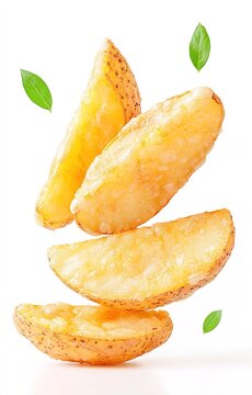 Flying tasty fried potato wedges floating in the air with fresh green herbs