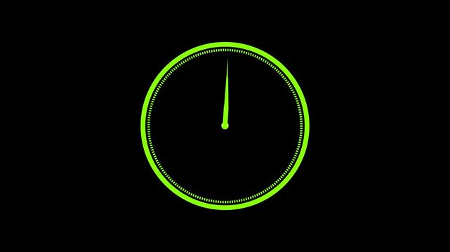 Abstract green neon clock face animation showing spinning hands on black background.