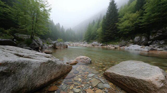 Tranquil mountain stream with misty forest and rocks on a foggy day