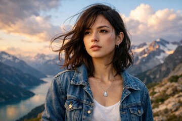 Fototapeta premium Woman outdoors scenic mountain landscape