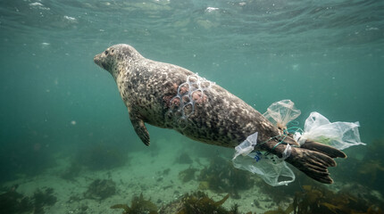 Fototapeta premium Seal Trapped in Plastic Ring Six-Pack Holder Underwater