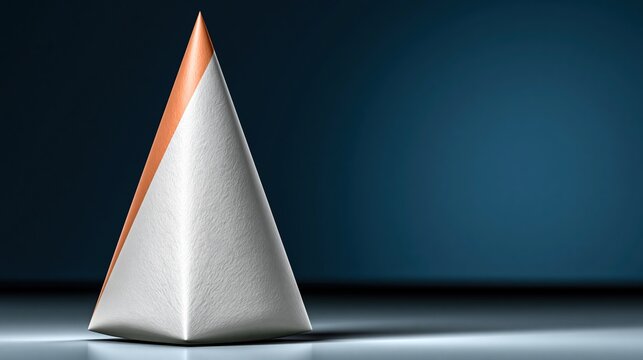 Textured white triangular pyramid with sharp orange accent strip standing on reflective light gray floor against deep dark blue background for modern abstract 3d geometric composition