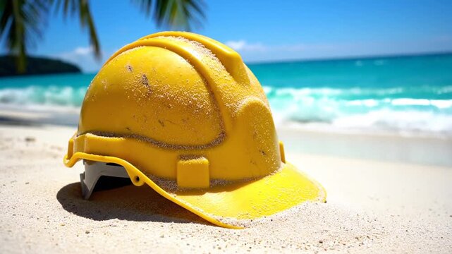 Yellow construction hard hat sitting in white sand on a tropical beach with turquoise ocean water and palm trees