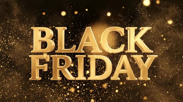 Golden BLACK FRIDAY text exploding with sparkles on dark background
