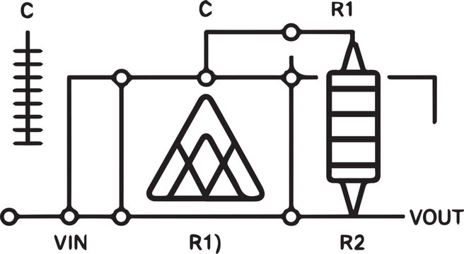 Black and white diagram of a voltage divider circuit with resistors and a battery circuit diagram de
