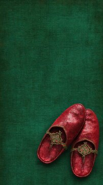 Ruby Slippers on Emerald Green Background Overhead Still Life Wizard of Oz Concept Fantasy Storytelling