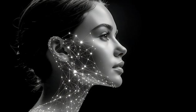 Profile of a woman with digital connections.