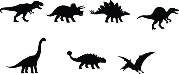 Set of Dinosaur Silhouettes Featuring Tyrannosaurus, Triceratops, Stegosaurus, Spinosaurus, Brachiosaurus, Ankylosaurus, and Pteranodon © MISSNUR