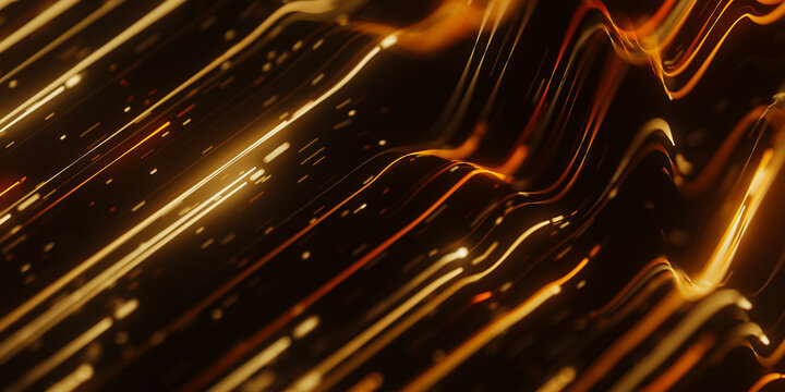 Golden oscillating light trail in abstract 3D quantum data visualization with magic particles.