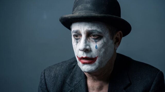 Sad clown with white makeup and drawn tear wearing bowler hat. Depressed male mime actor looking unhappy on dark grey background. Melancholy and theater art concept