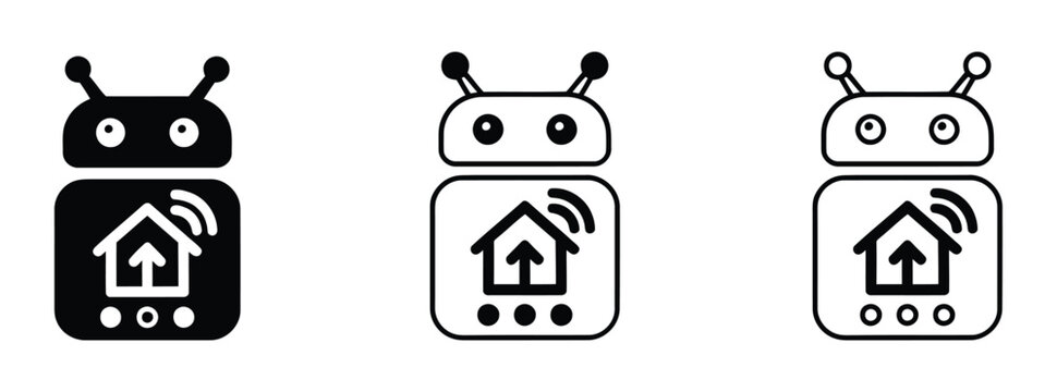Smart home robot assistant icon set for automation and control. Smart home robot assistant icon in house outline. Smart home automation icons with robot and house symbols in black and white.