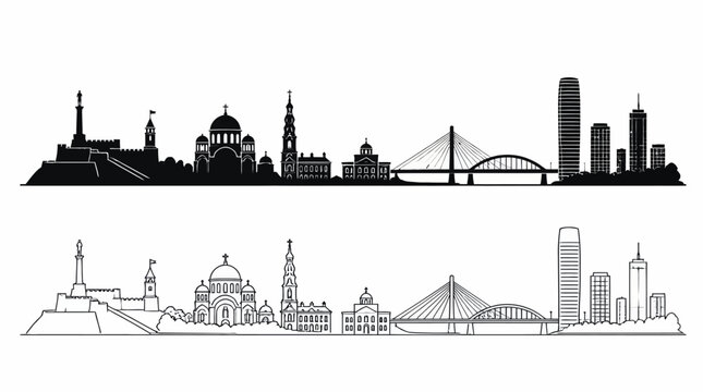 Belgrade city skyline silhouettes and outlines with famous landmarks, Serbian capital icons.