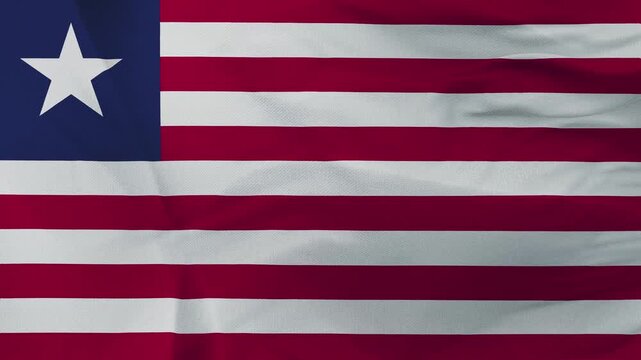 Liberian Flag Waving with Fabric Texture and Single White Star