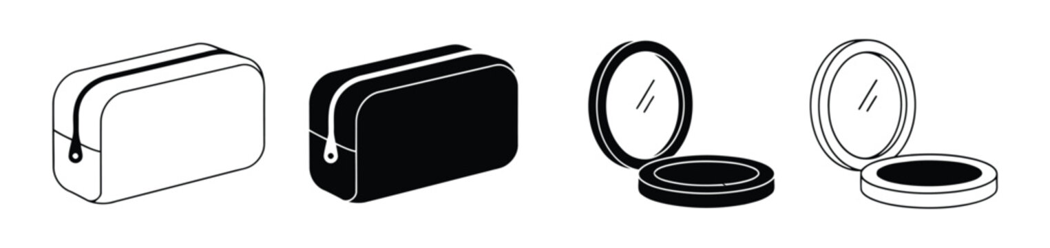 Compact powder case and makeup mirror silhouettes. Compact Powder Icons, Makeup Compact Vector Set, Cosmetic Compact Flat Design, Four different views of a compact makeup case with mirror.