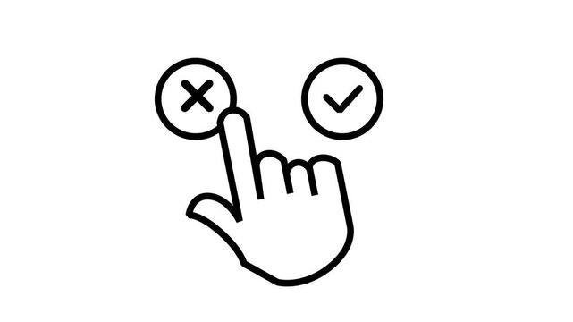User Decision Interface Decline and Approve Button Animated Icon. Interactive animated icon showing hand choosing close cross button instead of checkmark, representing cancellation, denial.