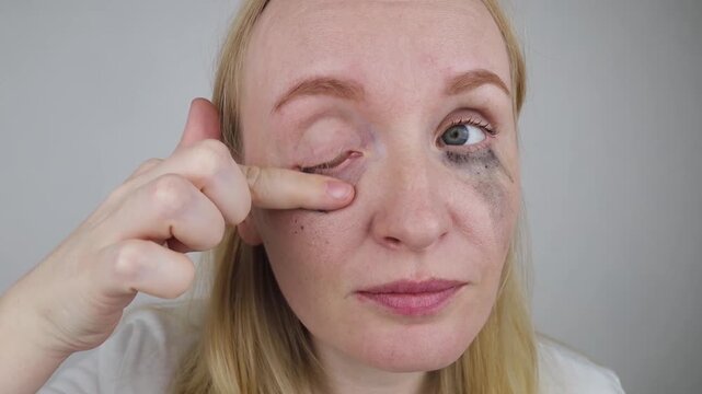Woman comparing tubing mascara vs regular cosmetics. Woman showing makeup test with smudge proof thermal product on one eye and blurry panda effect on the other.
