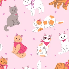 Seamless pattern with cute funny cats on a pink background. Vector graphics. © Екатерина Зирина