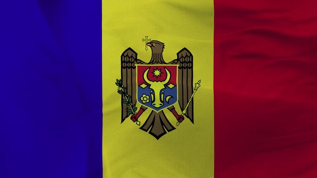 Moldovan flag fabric with coat of arms and blue yellow red stripes
