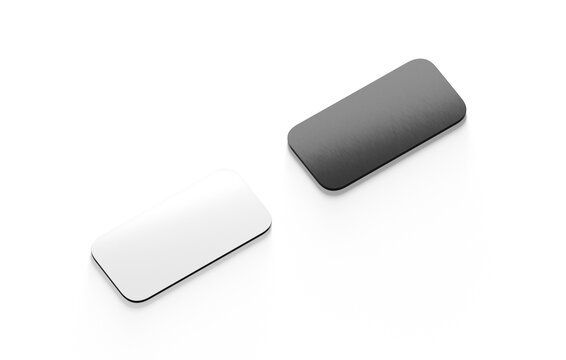 Blank black and white rectangle fridge magnet mockup png, transparent background, 3d rendering. Empty magnetite or sticky rubber souvenir mock up cut out. Clear attach collection pushpin or label.