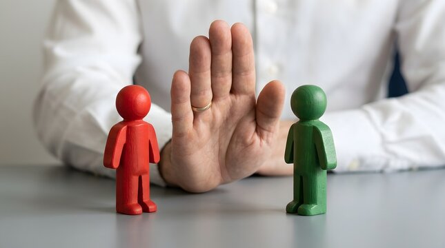 Hand Making Stop Gesture Between Red and Green Figures
