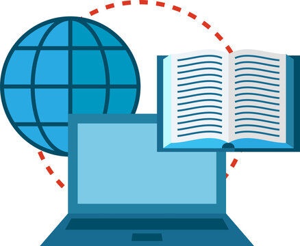 Digital education concept showcases worldwide access to knowledge via laptop, globe, open book.