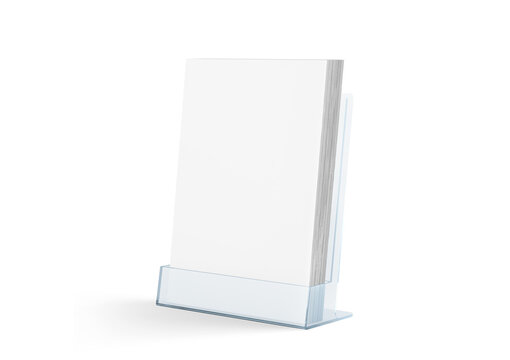 Blank flyer mockup glass plastic transparent holder png, transparent background, 3d rendering. Plain flier stand in plexiglass tray mock up cut out. Clear brochure holding in acrylic pocket. 