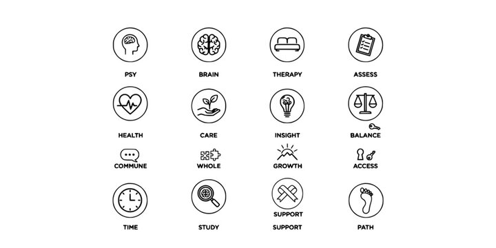 Icons Representing Mental Health and Wellness Concepts Arranged in a Grid Featuring Icon, Psy, Brain with Therapy and Assess