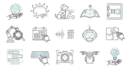 Fototapeta premium Artificial intelligence line icons set, 15 futuristic technology vector elements, robotic automation and machine learning concept symbols for web design