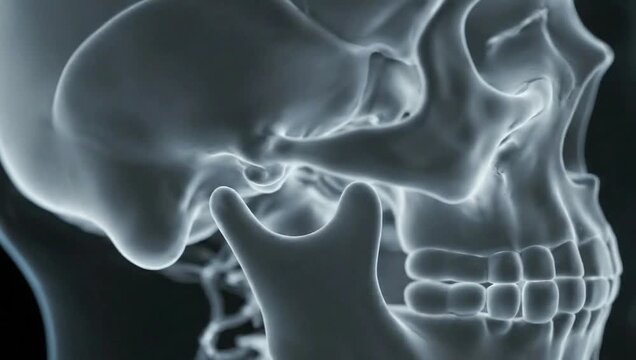 Detailed medical 3D visualization of a human skull featuring the maxilla, mandible, teeth, and nasal cavity in a blue monochromatic X-ray style for anatomy and clinical diagnostics.