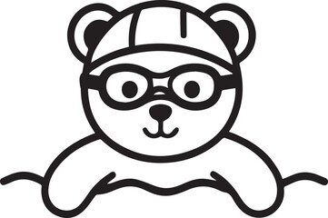 A cute cartoon bear wearing a swimming cap and goggles swims in wavy water, with a simple, clean line art style. © DesignINKZ