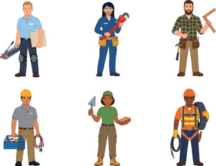 Obraz premium Construction Trades Workers Collection with Skilled Technicians Electricians Carpenters and Mason Illustrations