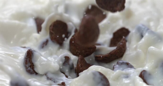Chocolate corn flakes falling into milk with splash in super slow motion 1000 fps