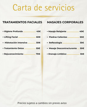Minimalist price list menu template for beauty salon or spa, gold and cream luxury branding, professional services flyer, elegant business stationery