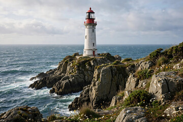 Fototapeta premium White Red-Topped Lighthouse On Rugged Rocky Peninsula Above Blue Sea