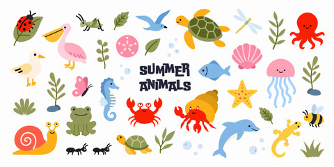 Cute Summer Animal Sticker Set in Flat Cartoon Style. Turtle, dolphin, octopus, crab, jellyfish, seahorse, pelican, frog, butterfly, dragonfly and tropical wildlife © Melofumi