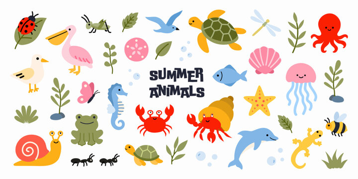 Cute Summer Animal Sticker Set in Flat Cartoon Style. Turtle, dolphin, octopus, crab, jellyfish, seahorse, pelican, frog, butterfly, dragonfly and tropical wildlife
