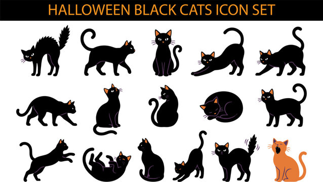 Halloween black cats icon set with varied poses for spooky themed design projects