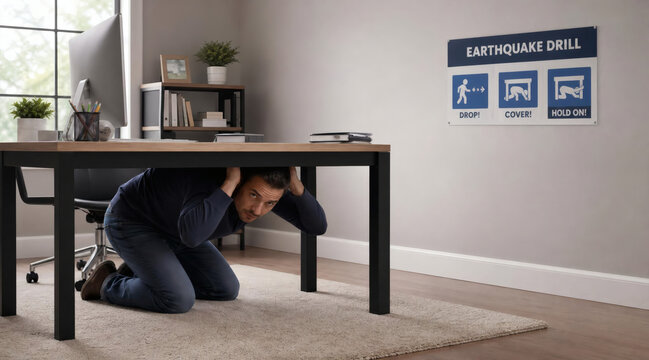 earthquake drill safety person taking cover under desk in modern home office emergency preparedness drop cover hold on protective action survival guide office safety disaster response