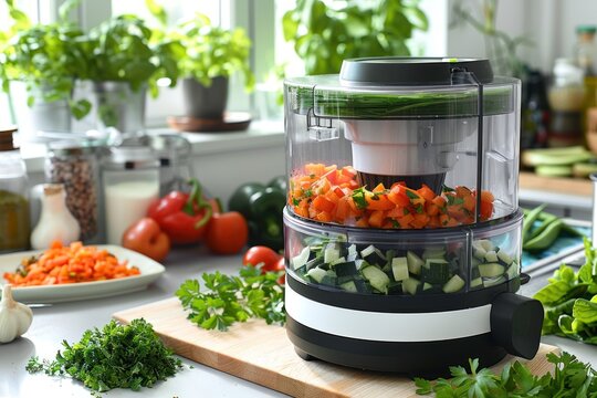 A food processor with chopped vegetables in a kitchen setting.