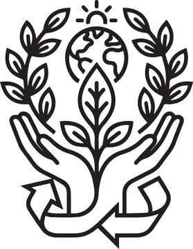 Hands Holding Earth and Plant Recycle Line Art Vector Icon