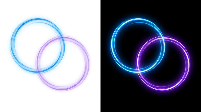 Two glowing interlocked rings blue and purple on split background