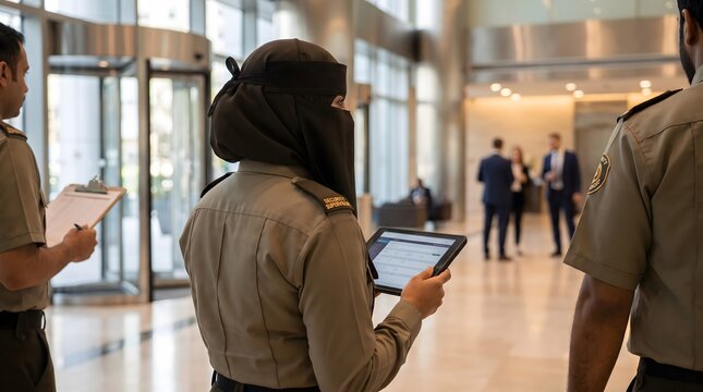 Professional security team on duty, woman in uniform with niqab using a tablet to monitor building access in a busy corporate environment.